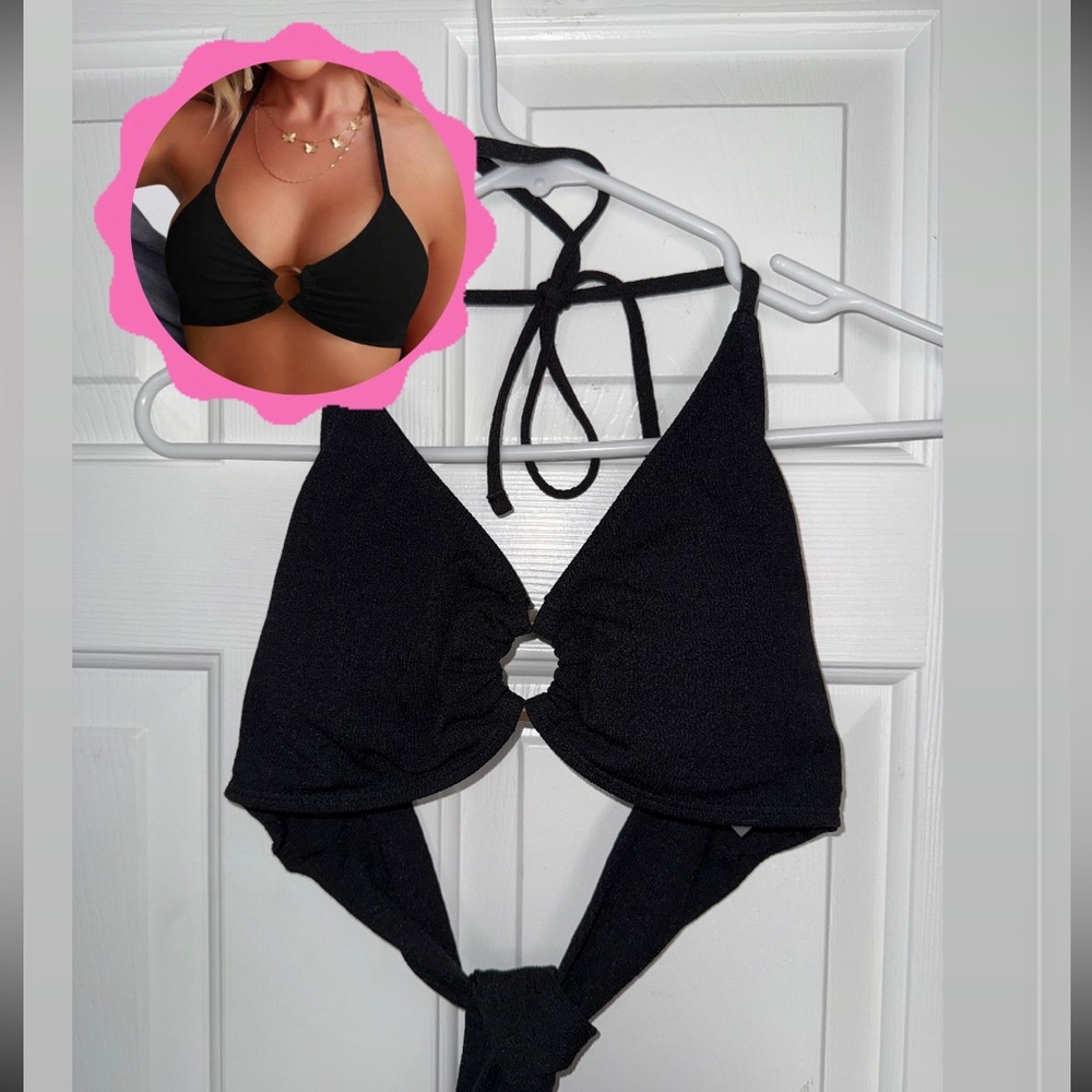 Black Halter Tie Bikini Top With Ring